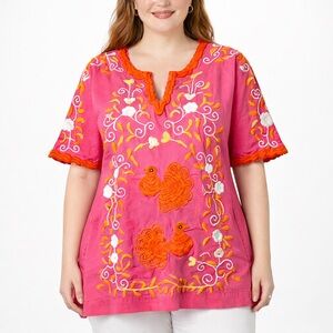 Frances Valentine Pink Orange Peacock Tunic Dress Embroidered Pockets 18